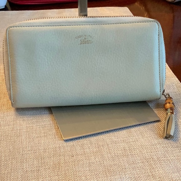 Gucci Handbags - Gucci Pale Green Leather Zip Wallet with Tassel